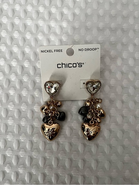 Chico's Accessories - Chico's Gold and Black Heart Drop Earrings with Crystal Studs